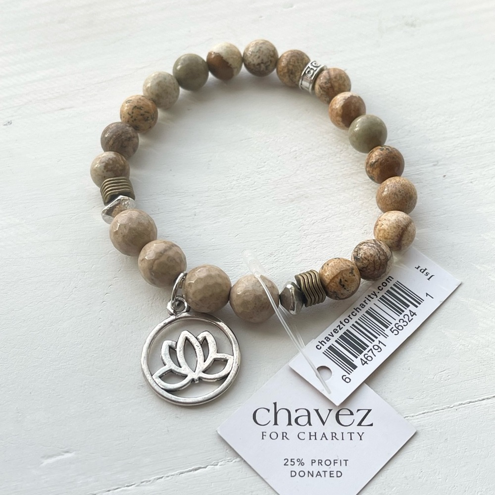 cfc Natural Stone Jasper Faceted Beaded Bracelet with Silver Tone Lotus Charm